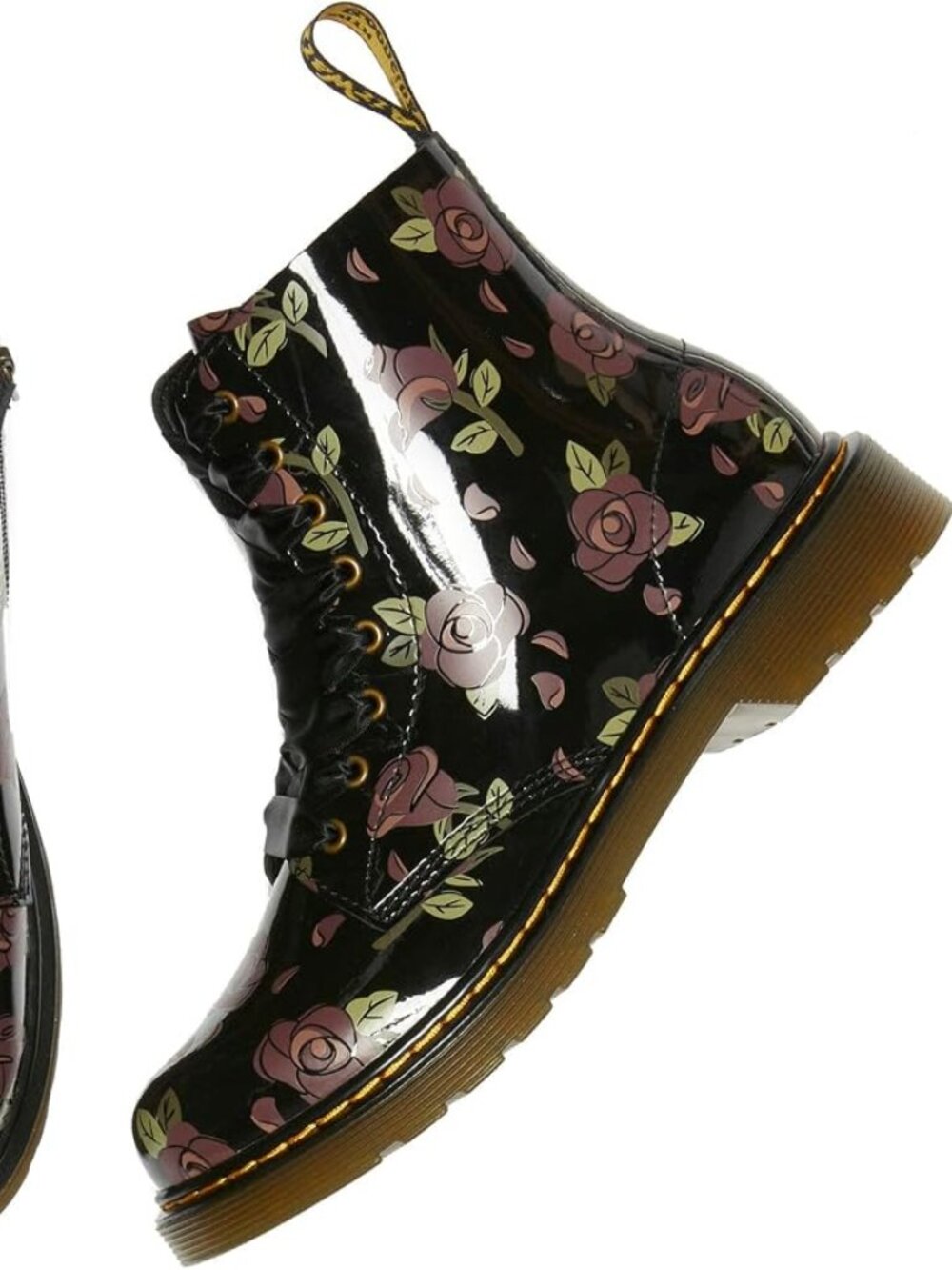Dr. Martens Black Patent Rose Floral Combat Boots Girl's Size 1